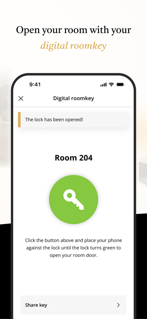 Smartphone screen showing the Van der Valk Exclusief digital room key interface for hotel room 204