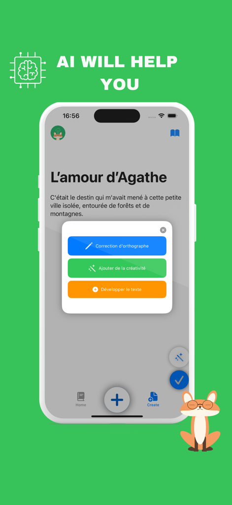 MrsWriter for writers - Mobile screen of MrsWriter app displaying AI assistance options for spelling correction and creative text expansion