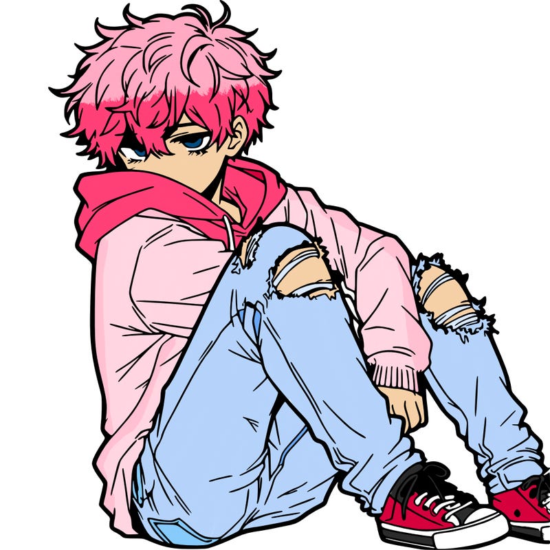 a male hoddie ripped jeans messy hair anime