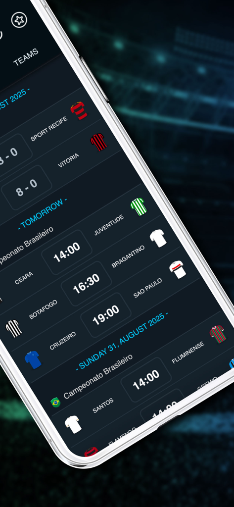 Horário de jogos e placares de futebol brasileiro em um aplicativo móvel