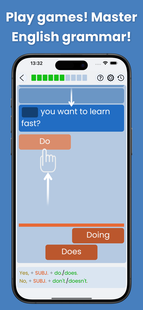 English Grammar Star: Game - Gioco interattivo di grammatica inglese su uno schermo mobile che mostra un esercizio di coniugazione verbale
