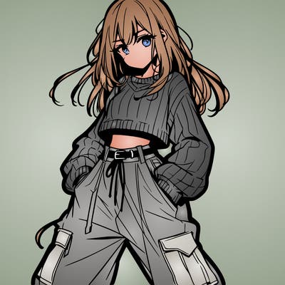 anime teen girl with baggy pants and crop top with sweater