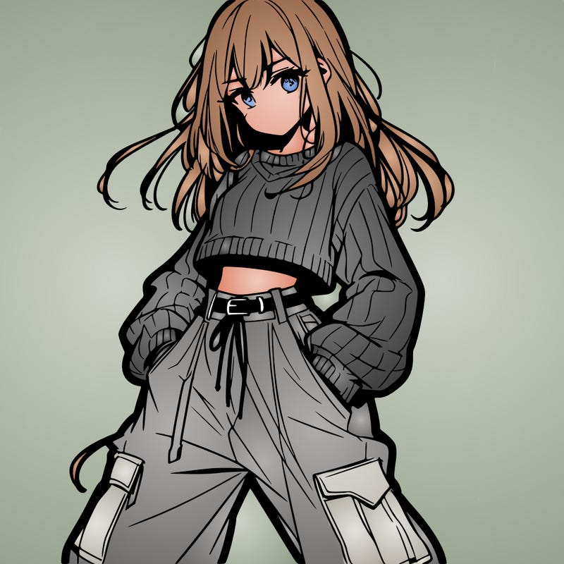 anime teen girl with baggy pants and crop top with sweater