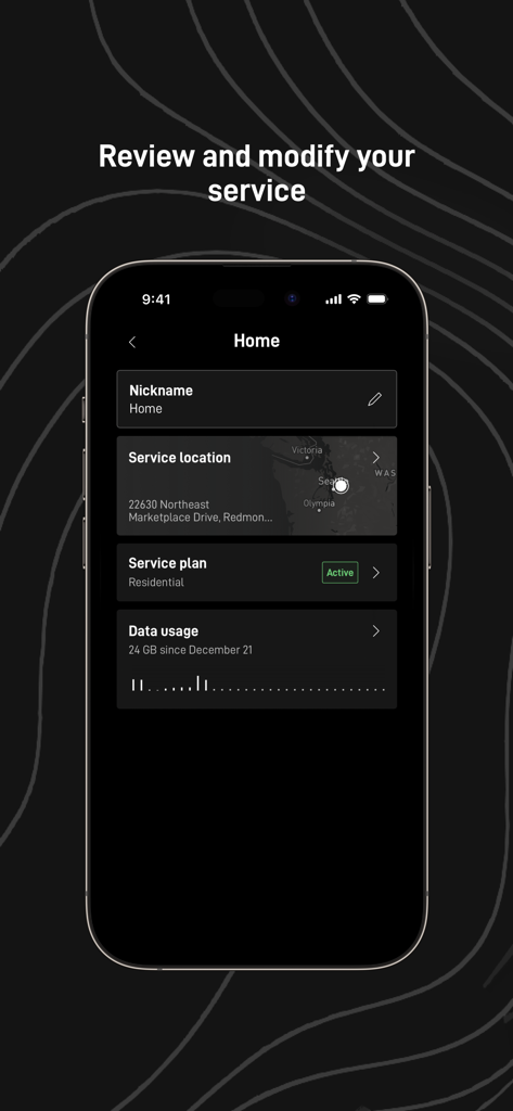 Starlink - Starlink mobile app interface showing service location residential plan status and data usage statistics