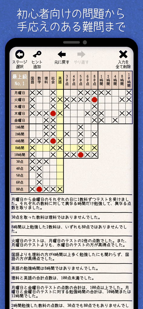 日本語マトリックス論理パズル：古典的な推理ゲーム - Une capture d'écran de jeu d'un puzzle logique matriciel japonais montrant une grille de déduction et des indices de raisonnement.