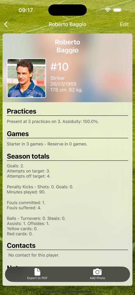 Detailed soccer player profile in Assistant Coach Soccer showing season statistics practice attendance and game performance