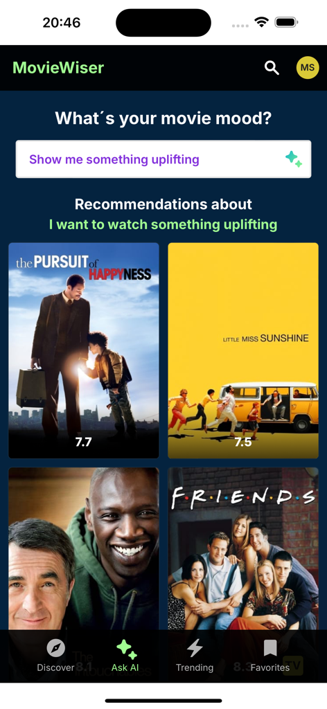 Moviewiser - Moviewiser app interface showing AI movie recommendations for an uplifting mood with titles like The Pursuit of Happyness and Little Miss Sunshine