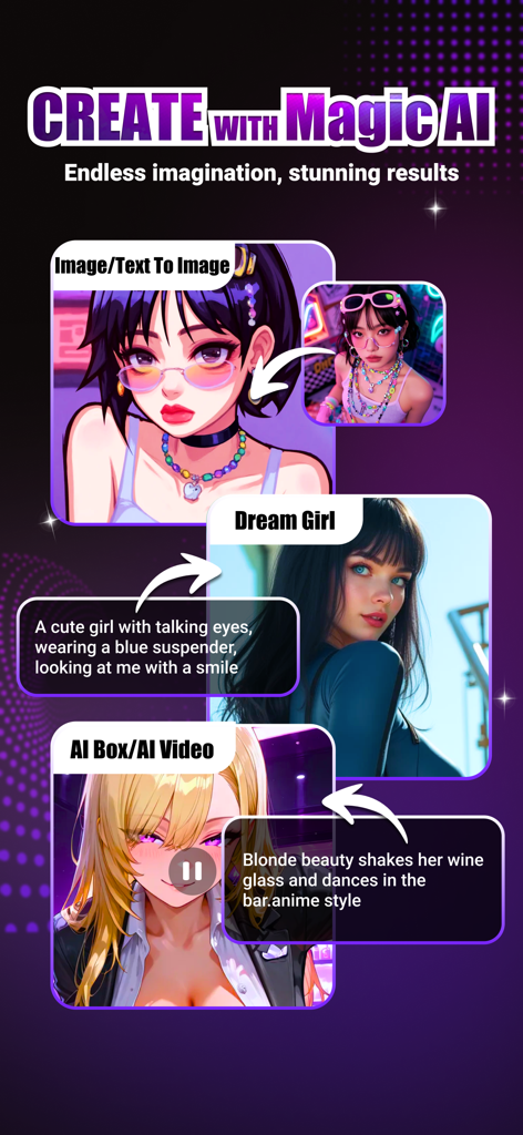 Magic AIアプリのスクリーンショット。画像から画像への変換やAIビデオ生成機能が、多様なアートスタイルで表示されています。