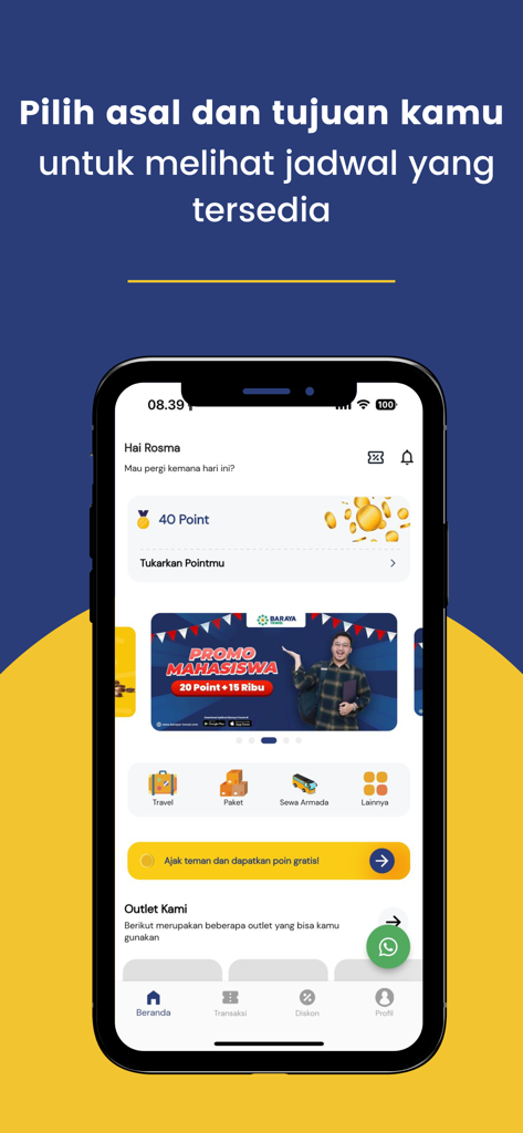 Baraya Travel - Baraya Travel app home screen displaying shuttle booking services and loyalty points