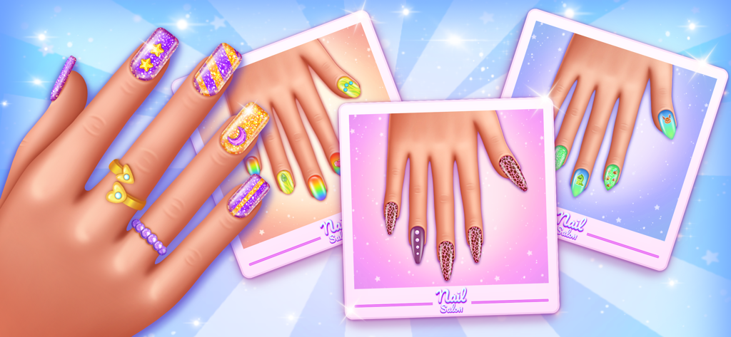 Nail Salon Games For Kids - Una colección de diseños de arte de uñas coloridos y creativos con purpurina y patrones para niños.