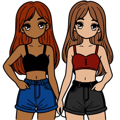 two sisters with crop tops and jean shorts and straight hair