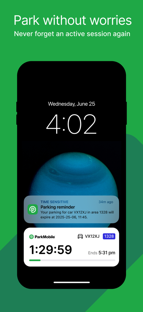 ParkMobile Park-Erinnerung und Countdown-Timer auf dem Sperrbildschirm eines Smartphones