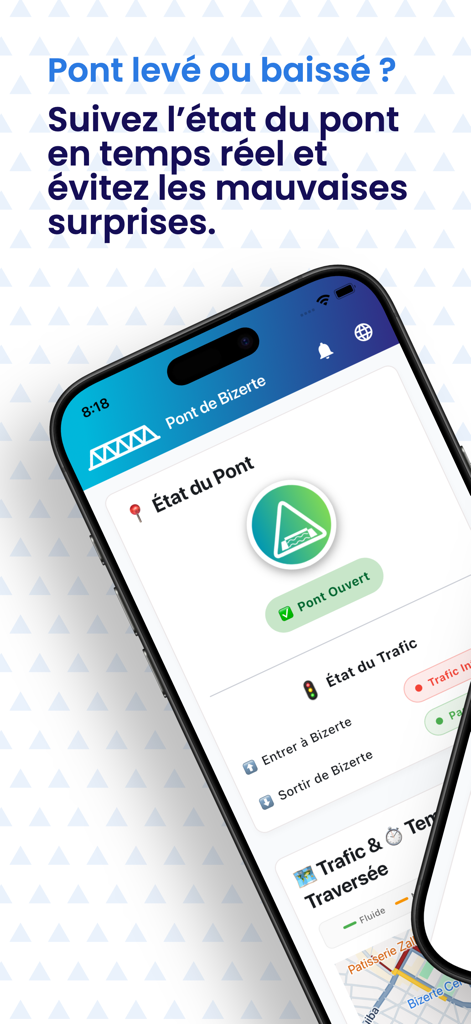Pont-Bizerte.tn - Interfaz de la aplicación móvil que muestra el estado en tiempo real del puente de Bizerte