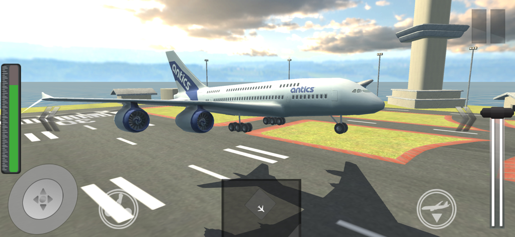 Airplane Crash Pilot Simulator - A large commercial airplane on a runway with game controls and a control tower in the background.