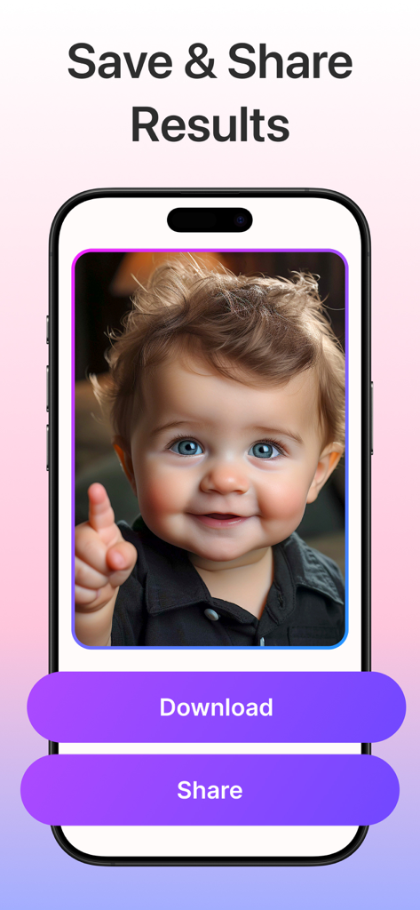 Smartphone screen displaying a realistic AI-generated baby face with purple download and share buttons