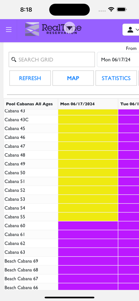 RealTime Reservation Manager dashboard showing a color-coded grid for pool and beach cabana availability and reservations.