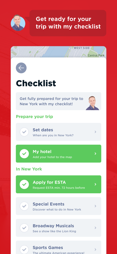 A trip planning checklist in the mobile app for a New York City vacation