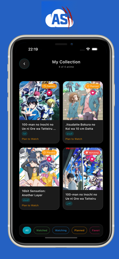 A mobile screen from the Anime Slayer app showing a user's anime collection with watch status labels like Planned and Watching.