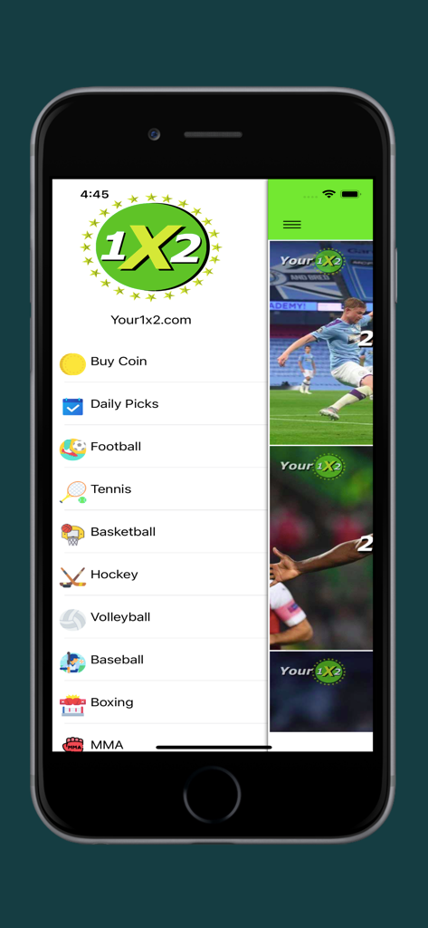 Menú de navegación lateral de la aplicación Your1x2 Betting Predictions mostrando categorías deportivas como fútbol y baloncesto