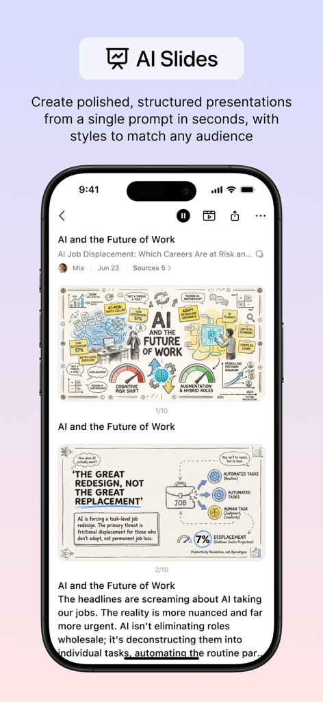 ListenHub AI mobile app interface showing an AI generated slide deck about the future of work with professional infographics.