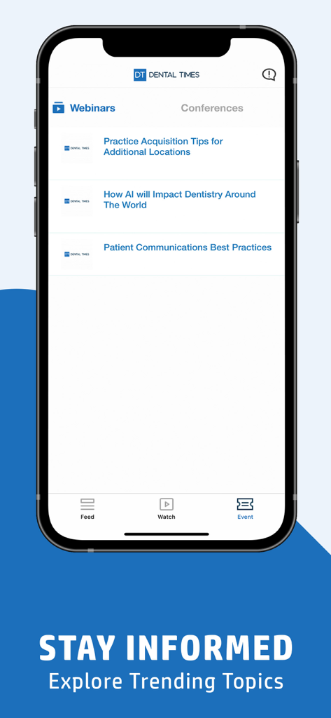 Dental Times - Dental Times app screen displaying industry webinars and trending topics for dental professionals.