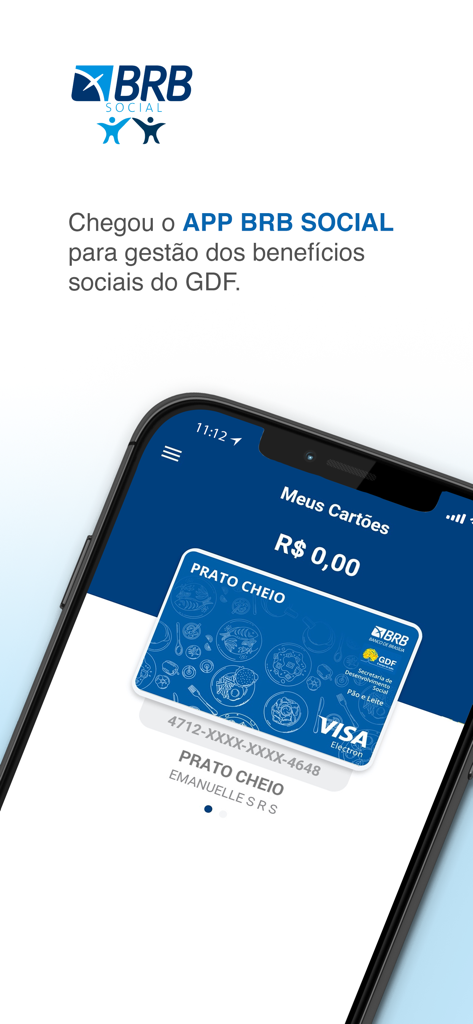 BRB SOCIAL app interface displaying a Prato Cheio social benefit card on a smartphone screen