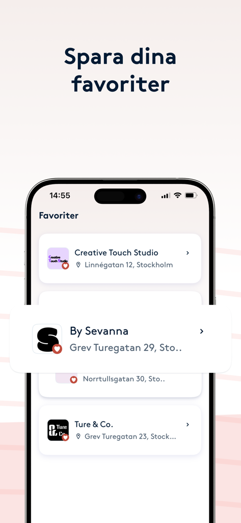 Screenshot of the Bokadirekt mobile app showing a list of saved favorite beauty salons and wellness centers