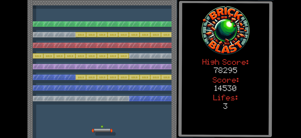 Classic brick breaker gameplay in Brick Blast featuring colorful levels and high score panel