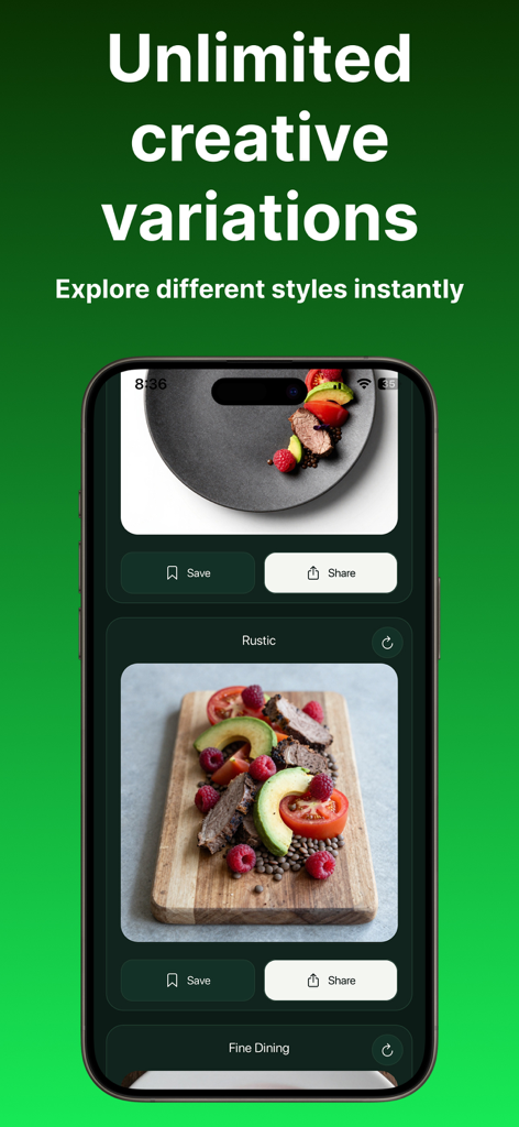 AI Food Plating - AI Food Plating app showing different food presentation styles for the same dish like rustic and fine dining