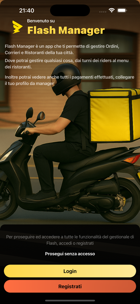 Flash Manager welcome screen showing a courier on a scooter and login buttons