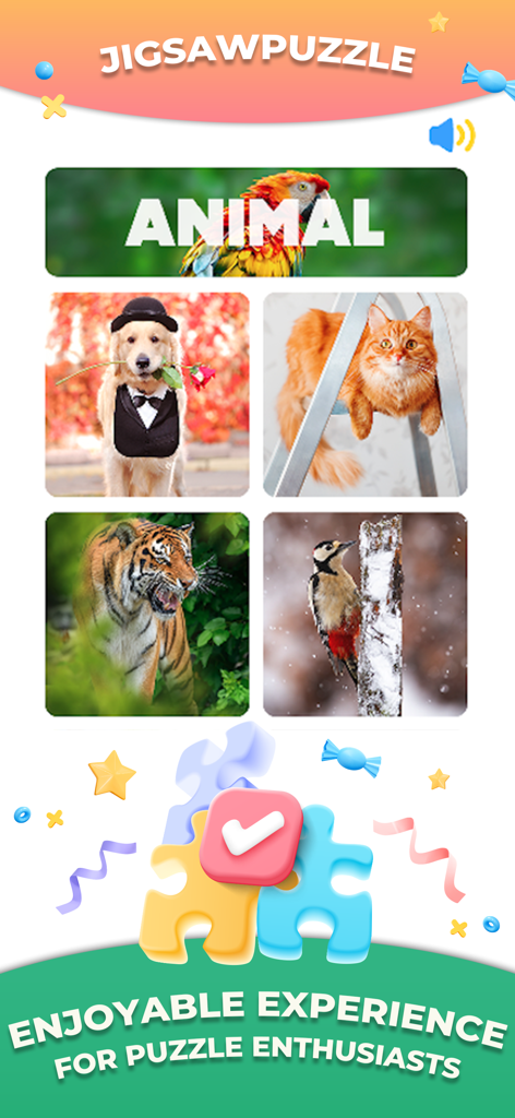Multiplayer Games 2 Players ++ - Pantalla de selección de rompecabezas de animales en la aplicación Juegos Multijugador con un perro, gato, tigre y pájaro carpintero.