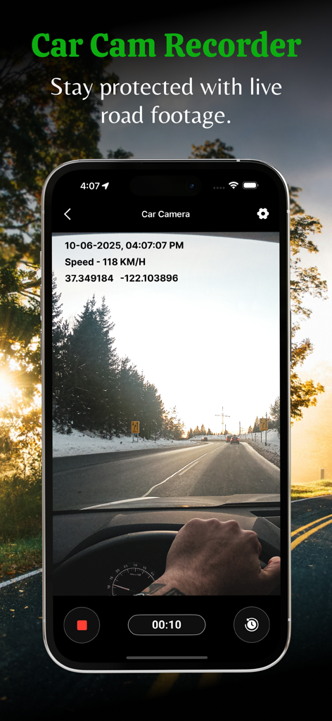 Smartphone screen showing the dash cam recorder feature with live road footage and speed overlay