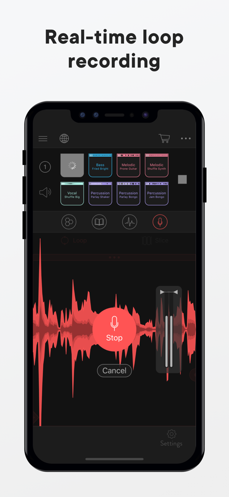 Real-time loop recording interface in the Blocs Wave app showing a red audio waveform