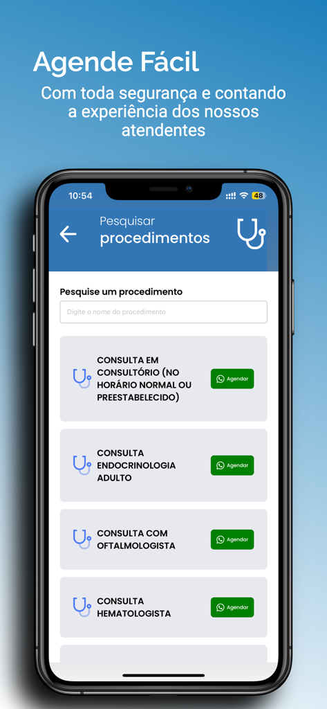 Solumedi App - Solumedi app interface showing a search list of medical procedures including endocrinology and ophthalmology appointments with booking buttons.