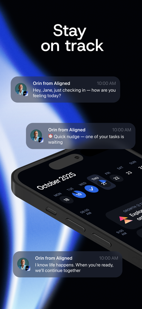 Aligned: AI Coaching & Therapy - Notifiche mobili dall'AI coach Aligned che forniscono check-in di supporto e promemoria delle attività per aiutare gli utenti a rimanere in carreggiata.