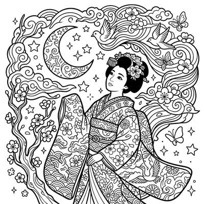 Discover the elegance of a Japanese maiko adorned in a beautiful kimono, set against a mystical night-time backdrop. This detailed coloring page invites you to bring a scene of serene beauty and cultural richness to life.