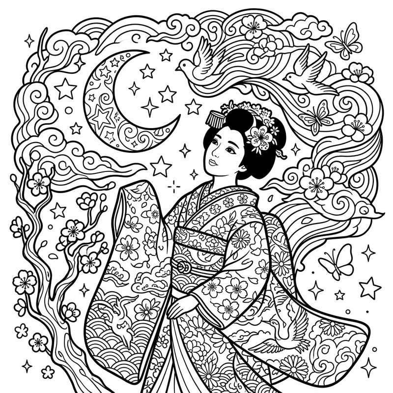 Discover the elegance of a Japanese maiko adorned in a beautiful kimono, set against a mystical night-time backdrop. This detailed coloring page invites you to bring a scene of serene beauty and cultural richness to life.