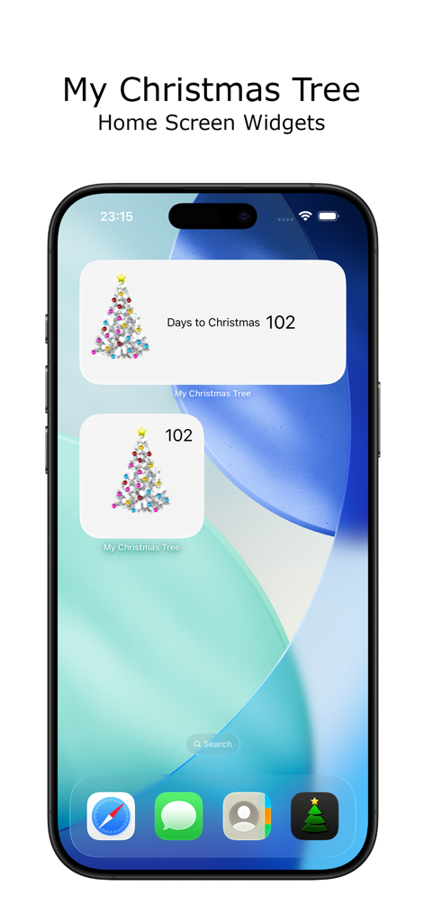 iPhone home screen displaying small and medium Christmas countdown widgets with a decorated white tree