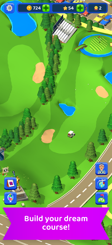Idle Golf Club Manager Tycoon - Aerial view of a custom golf course with putting green and water hazards