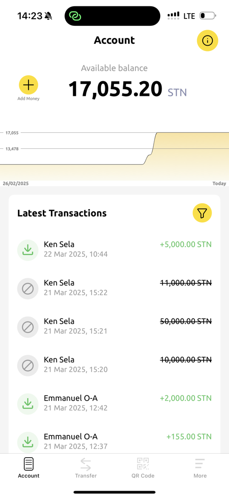 SaoWallet - SaoWallet mobile app account screen showing available balance and transaction history