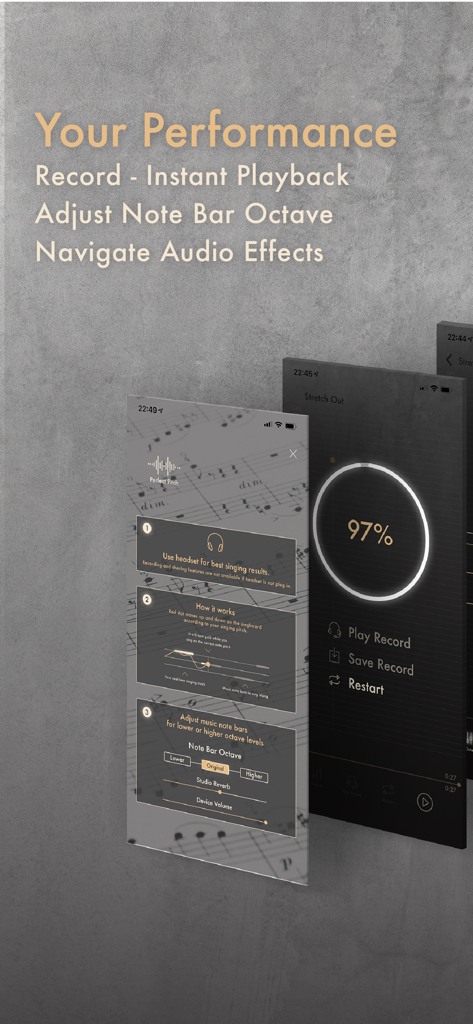 Interface de l'application Learn to Sing montrant l'enregistrement des performances et les écrans de réglage des effets audio