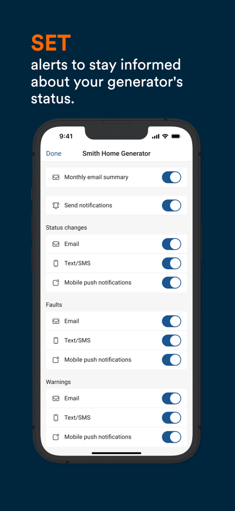 Pantalla de configuración de notificaciones de la aplicación Mobile Link para Generadores, mostrando opciones de alerta para cambios de estado y fallos