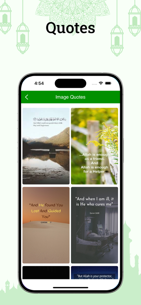 Swahili Quran - A smartphone displaying the Image Quotes section of the Swahili Quran app with various religious verses over scenic backgrounds.