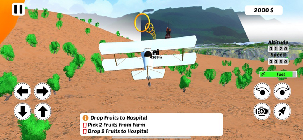 Paper Sim Flying Plane Games - A white paper airplane flying through a desert landscape in a flight simulation game with mission objectives displayed.