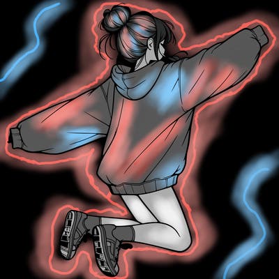 realistic girl jumping with a bun and oversized sweatshirt