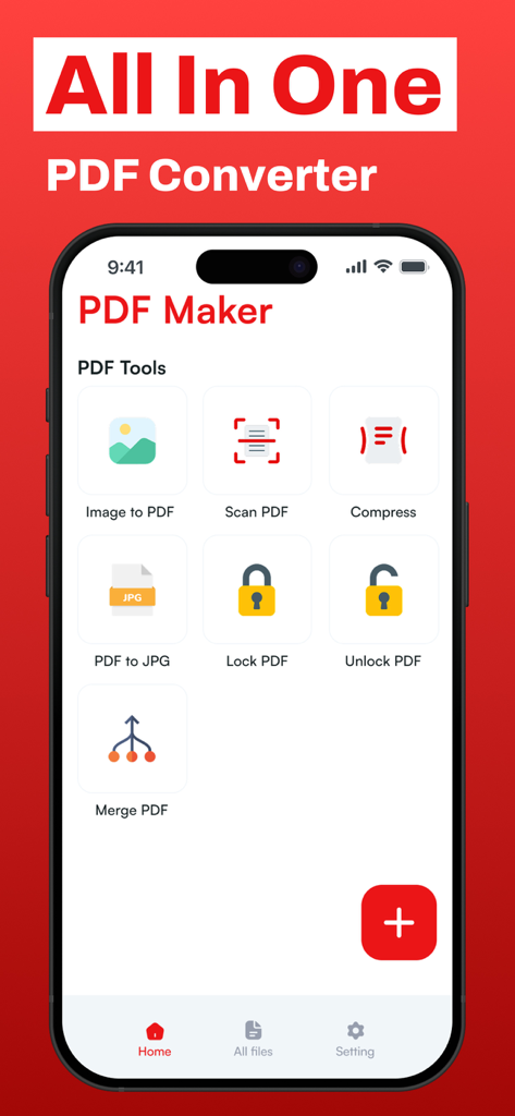 PDF Maker - PDF Converter . - Panel de la aplicación PDF Maker que muestra herramientas para la conversión de imágenes, escaneo y fusión de archivos.