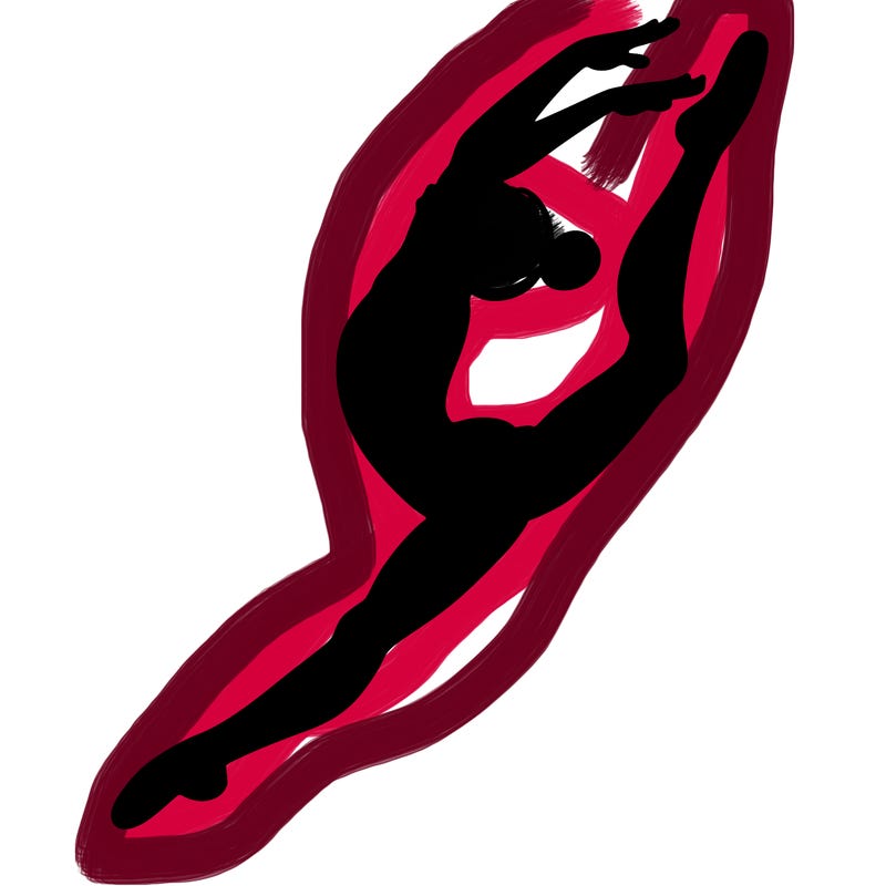 gymnast doing a leap in a leotard with a bent back leg