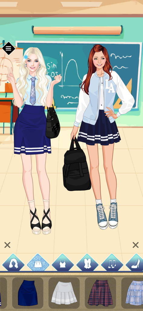 Sevelina BFF Dress Up Game - 教室の設定で、学校の制服とファッショナブルな衣装を着た二人の女の子キャラクター