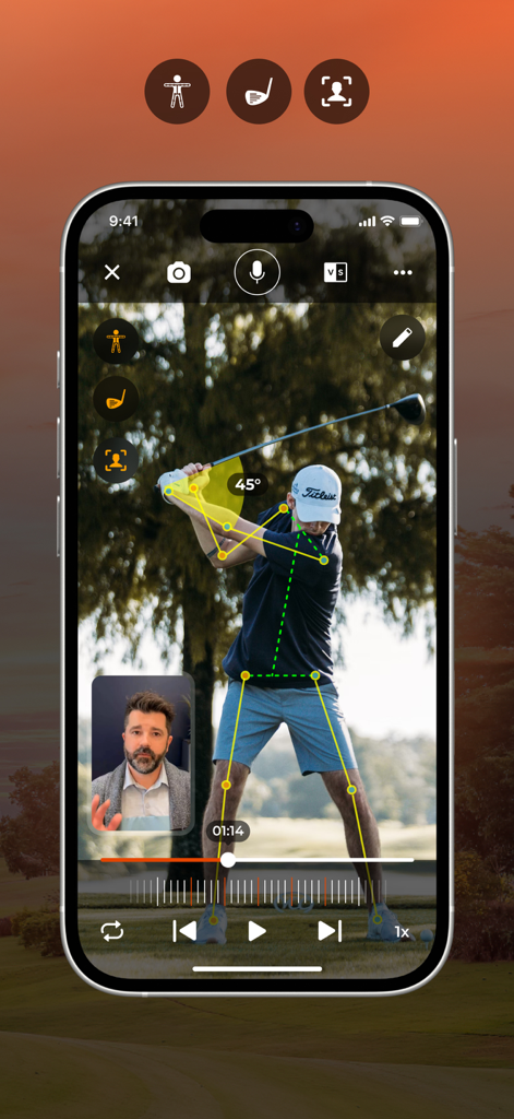 CoachNow app showing AI skeleton tracking and coach video feedback for a golf swing analysis