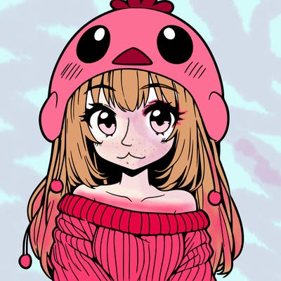 anime girl with chick shaped hat with sweater with bare shoulders with bangs covering them one eye with low tail